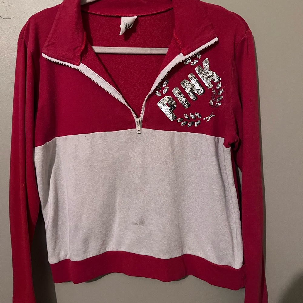 PINK Victoria's Secret Red and Gray Crop Polo Sweatshirt